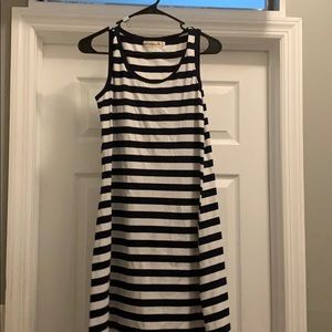 A dark blue and white striped dress